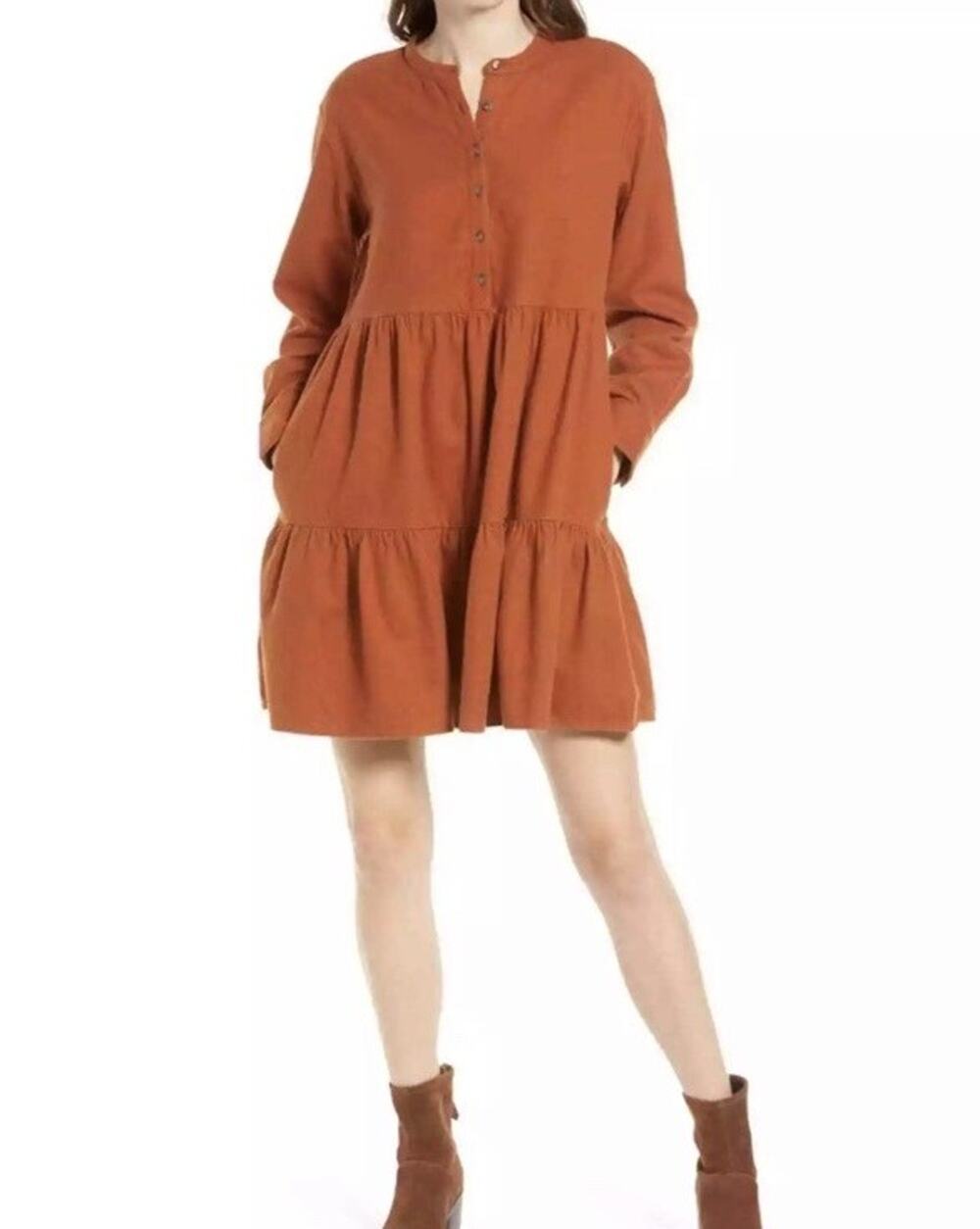 MADEWELL Flannel Button Placket Tiered Mini Dress In Burnt Orange XXS Cottage